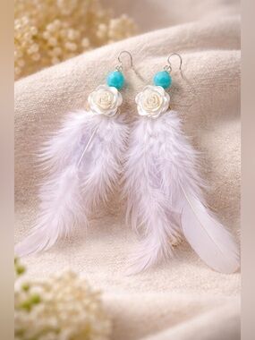 FUN & FLUFFY Genuine Bright Blue Faceted Jade Acrylic Rose Feather 925 Earrings